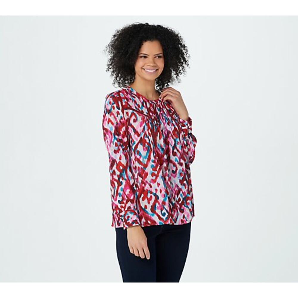 LOGO Lori Goldstein Printed Woven Pin‎ Tuck Blouse Large Multicolor Long Sleeve